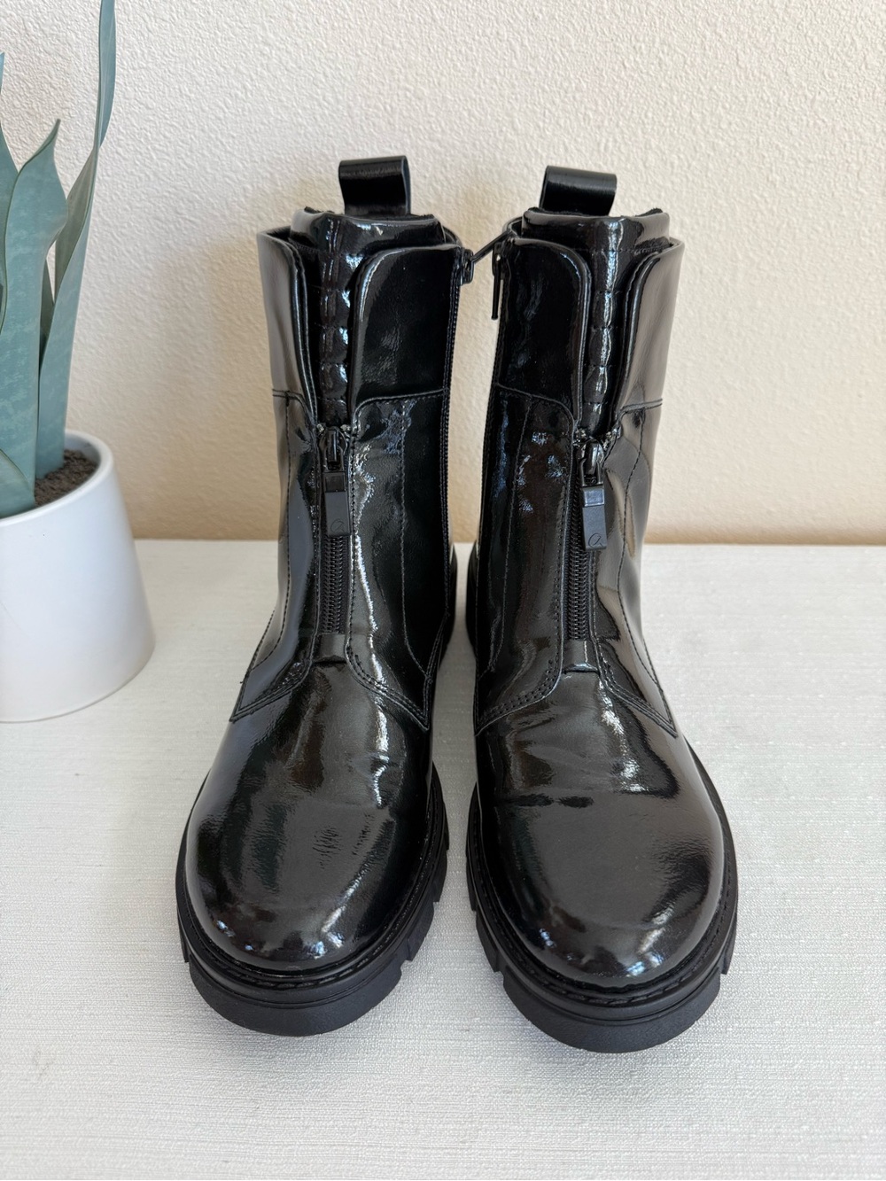ARA High Soft Black Patent Leather Combat Boots